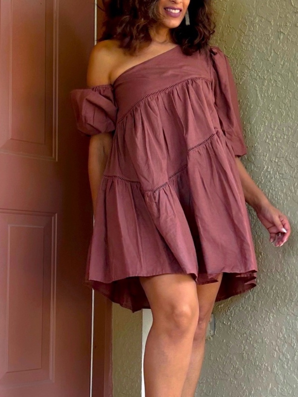 Altar’d State Boho Hannah Mini Dress One-Shoulder Mauve Tiered Women’s Size M